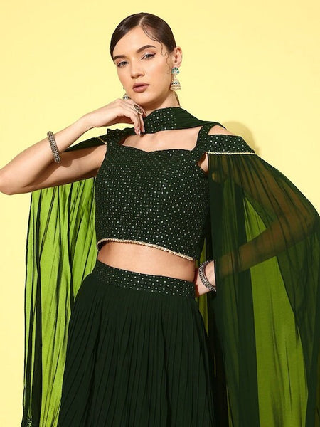 Designer Indian Sequin Embroidered Crop Top With Skirt And Dupatta Set, Indo Western Outfit, Indian Dress, Lehenga Choli For Women VitansEthnics