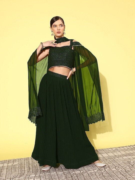 Designer Indian Sequin Embroidered Crop Top With Skirt And Dupatta Set, Indo Western Outfit, Indian Dress, Lehenga Choli For Women VitansEthnics