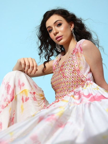 Women Sequin Embroidered Crop Top With Printed Sharara And Shrug, Indo Western Ethnic Set for women, Designer Georgette Party Wear Outfit VitansEthnics