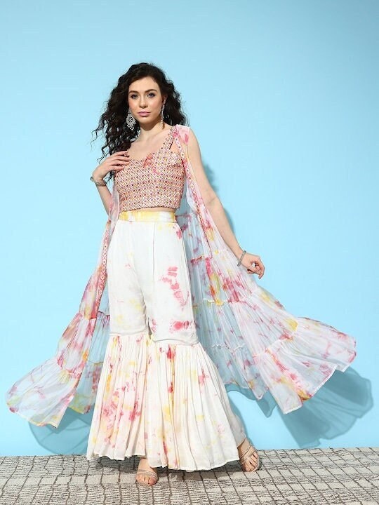 Women Sequin Embroidered Crop Top With Printed Sharara And Shrug, Indo Western Ethnic Set for women, Designer Georgette Party Wear Outfit VitansEthnics