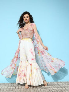 Women Sequin Embroidered Crop Top With Printed Sharara And Shrug, Indo Western Ethnic Set for women, Designer Georgette Party Wear Outfit VitansEthnics