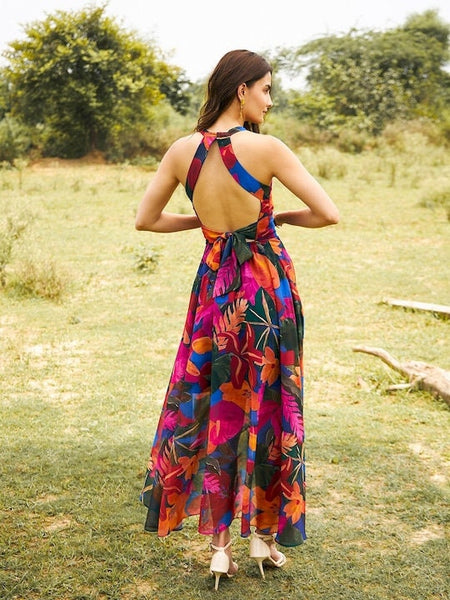 Floral Printed Georgette Fit & Flare Overlap Asymmetric Midi Dress, Halter Neck Dress For Women, Indo Western Dress, Indian Backless Dress VitansEthnics
