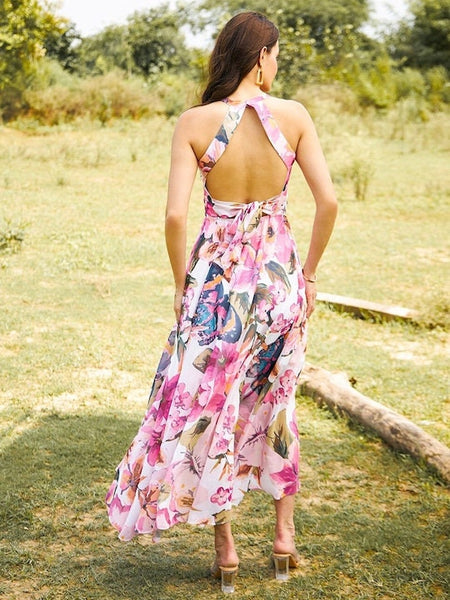 Floral Printed Georgette Fit & Flare Overlap Asymmetric Midi Dress, Halter Neck Dress For Women, Indo Western Dress, Indian Backless Dress VitansEthnics