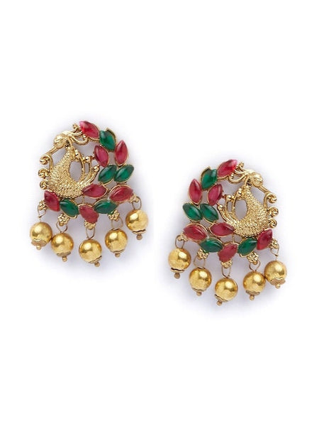 Gold & Green Peacock Shaped Stud Earrings For Women