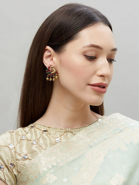 Gold & Green Peacock Shaped Stud Earrings For Women