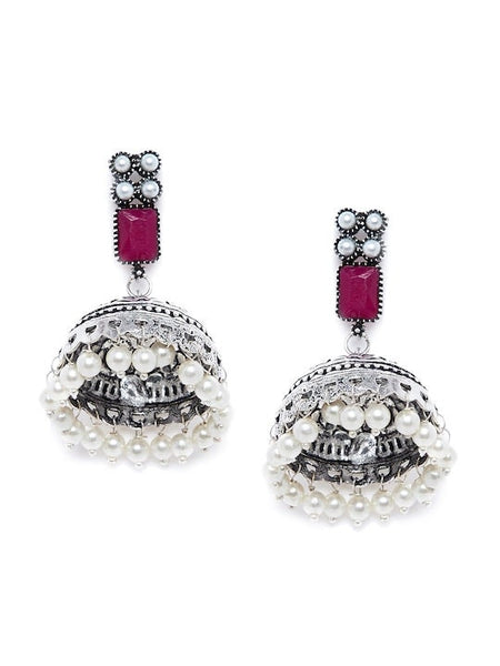 Silver-Plated & Pink Oxidised Jhumka Indian Earrings
