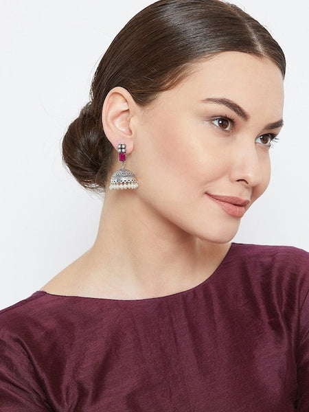 Silver-Plated & Pink Oxidised Jhumka Indian Earrings