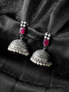 Silver-Plated & Pink Oxidised Jhumka Indian Earrings