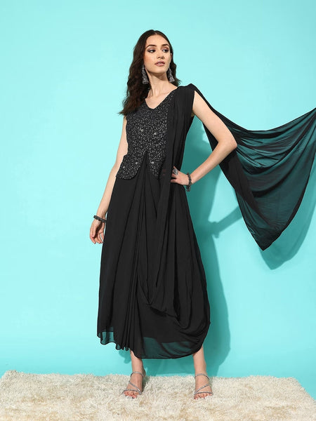 Georgette Embellished Saree Style Dress for Women, Ready to wear saree, Indo Western Dress, Dhoti saree set, Indian suit set VitansEthnics