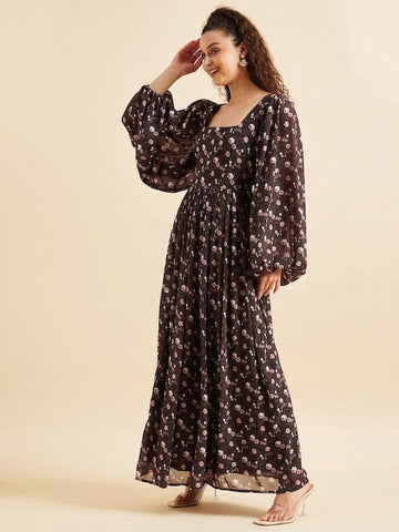 Women Printed Georgette Fit & Flare Maxi Ethnic Dress, Indo Western Dress, Indian Dress, Floral Print bishop sleeves Dresses, Fusion Outfit VitansEthnics