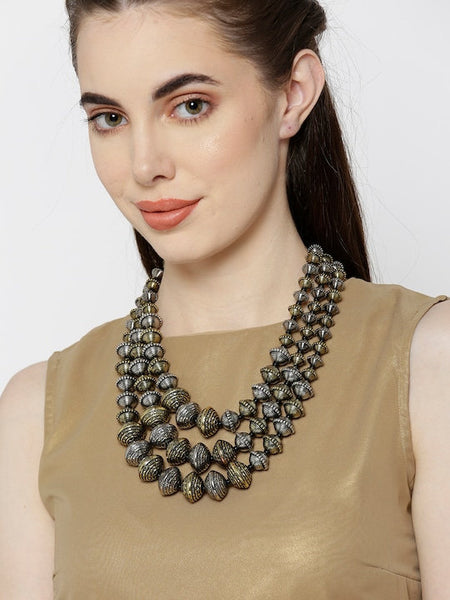 Oxidised Silver Toned & Antique Gold-Toned Beaded Layered Handcrafted Necklace