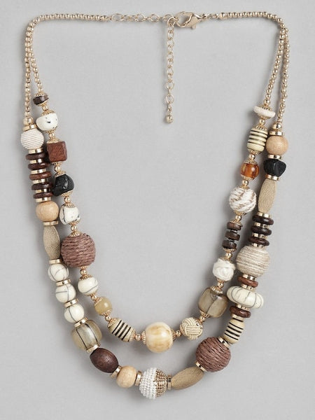 Brown & Gold-Toned Beaded Statement Layered Necklace For Women, Beach Stone Necklace