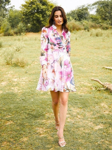 Frill Neck Mini Skater Dress For Women, Long Sleeves Floral Print Dress For Women, Indo Western Dress, Indian Dress, Fusion Wear VitansEthnics