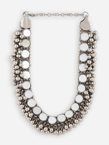 Oxidised Silver-Plated Choker, Mirror Work Choker Necklace