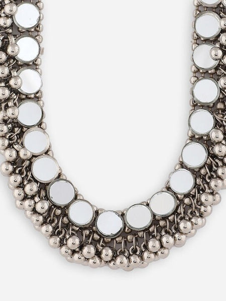 Oxidised Silver-Plated Choker, Mirror Work Choker Necklace