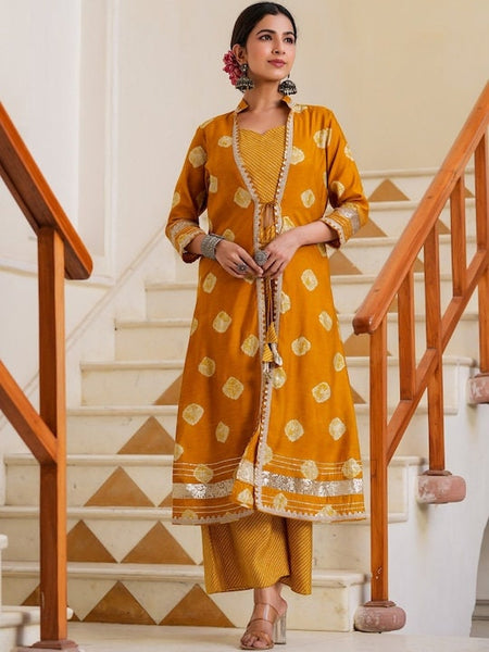 Women Elegant Mustard Printed Top with Palazzo And Jacket, Indo Western Ethnic Set for women, Crop top with palazzo and shrug, Fusion Outfit VitansEthnics
