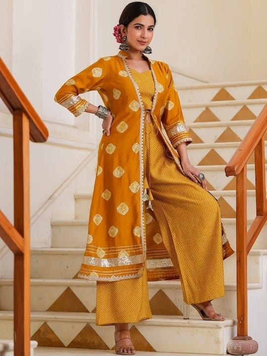 Women Elegant Mustard Printed Top with Palazzo And Jacket, Indo Western Ethnic Set for women, Crop top with palazzo and shrug, Fusion Outfit VitansEthnics