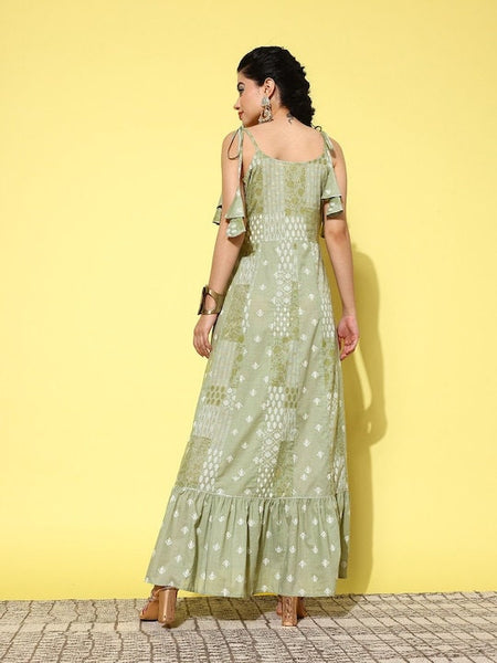 Ethnic Motifs Print Cotton A-Line Maxi Dress For Women, Indo Western Maxi Dress, Party Wear Indian Outfit, Dresses For Women, Indian Dress VitansEthnics