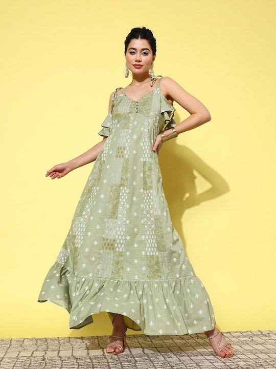 and maxi dress online india Ethnic Motifs Print Cotton A-Line Maxi Dress For Women L