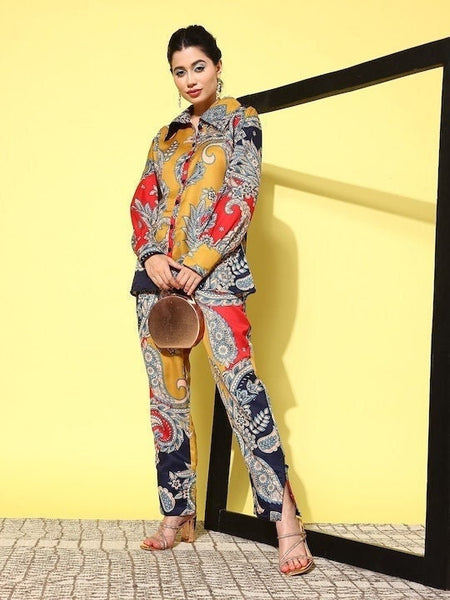 Red Paisley Printed Satin Shirt with Palazzos Pants Set, Indian Co ord Set, Indo Western Dress For Women, Indian Dress, Fusion Outfit VitansEthnics