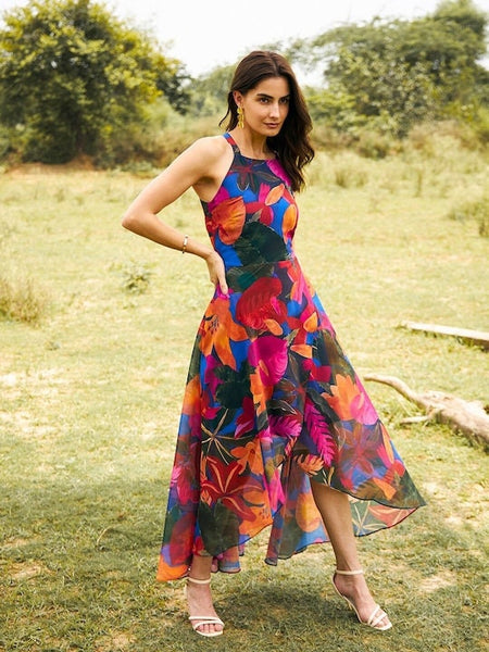 Floral Printed Georgette Fit & Flare Overlap Asymmetric Midi Dress, Halter Neck Dress For Women, Indo Western Dress, Indian Backless Dress VitansEthnics