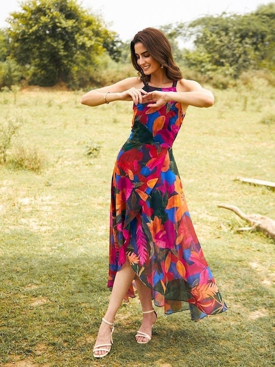 Floral Printed Georgette Fit & Flare Overlap Asymmetric Midi Dress, Halter Neck Dress For Women, Indo Western Dress, Indian Backless Dress VitansEthnics