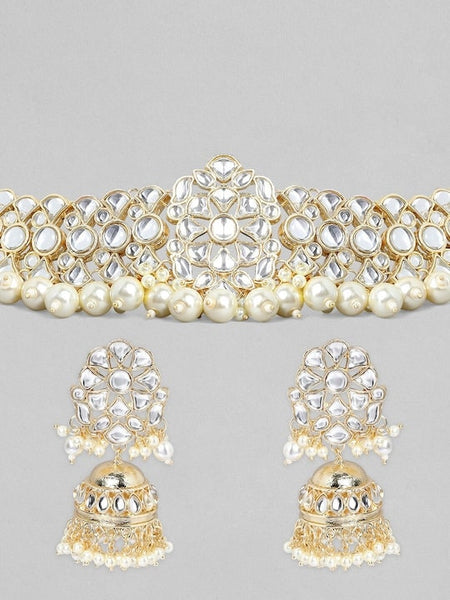 Gold-Plated White Kundan Studded & Beaded Handcrafted Jewelry Set