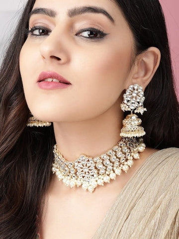 Gold-Plated White Kundan Studded & Beaded Handcrafted Jewelry Set