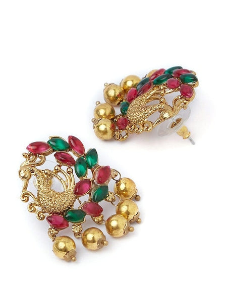Gold & Green Peacock Shaped Stud Earrings For Women