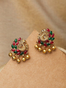 Gold & Green Peacock Shaped Stud Earrings For Women