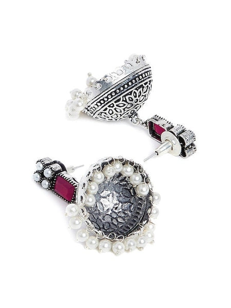 Silver-Plated & Pink Oxidised Jhumka Indian Earrings