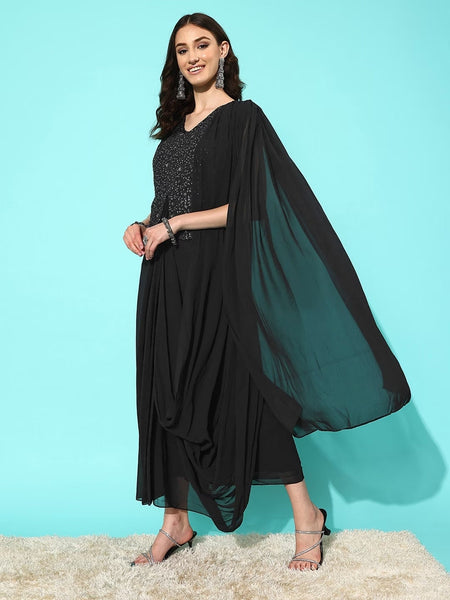Georgette Embellished Saree Style Dress for Women, Ready to wear saree, Indo Western Dress, Dhoti saree set, Indian suit set VitansEthnics