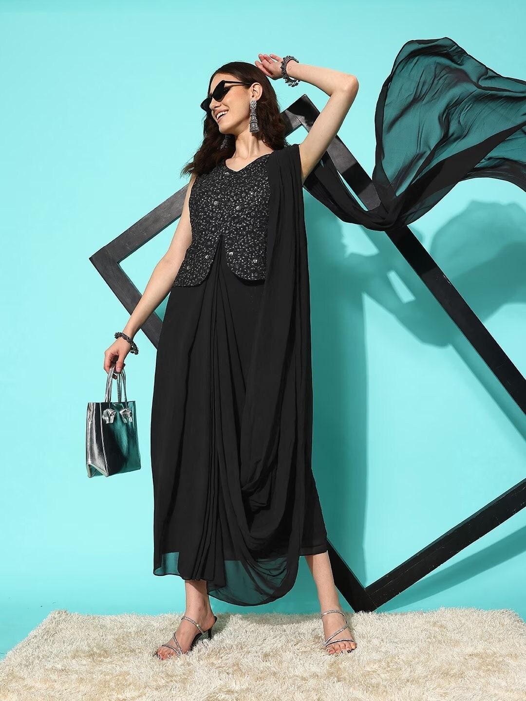 Georgette Embellished Saree Style Dress for Women, Ready to wear saree, Indo Western Dress, Dhoti saree set, Indian suit set VitansEthnics