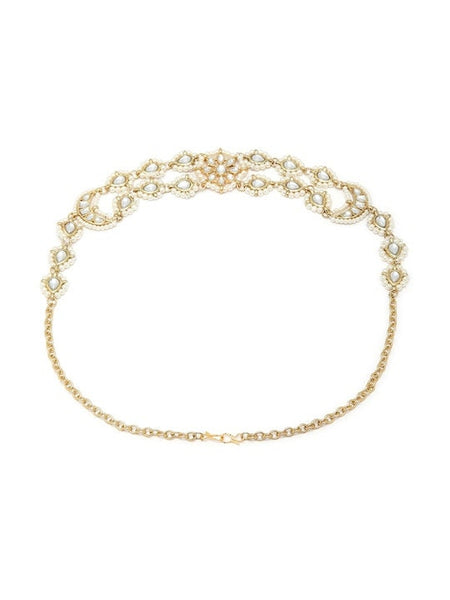 Gold Plated White Kundan Pearl Beaded Handcrafted Matha Patti, Headband For Women