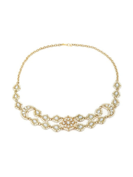 Gold Plated White Kundan Pearl Beaded Handcrafted Matha Patti, Headband For Women
