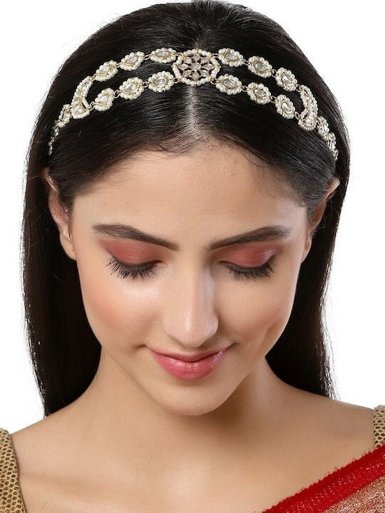 Gold Plated White Kundan Pearl Beaded Handcrafted Matha Patti, Headband For Women