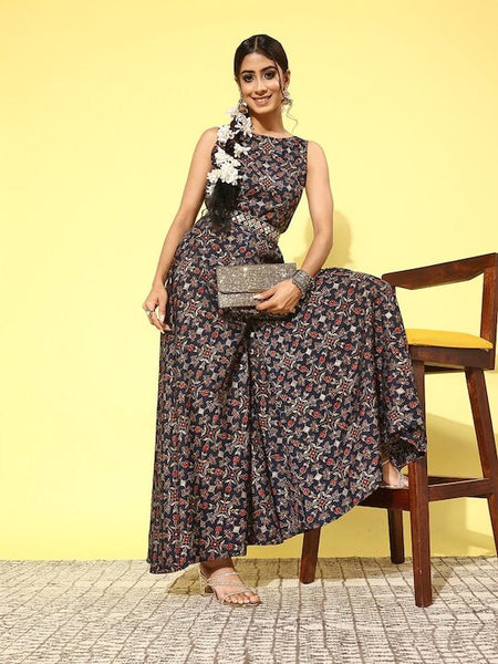 Indian Printed Flared Jumpsuit For Women, Indian Dress, Indo Western Dress, Jumpsuit For Women, Maxi Dress, Fusion Outfit VitansEthnics