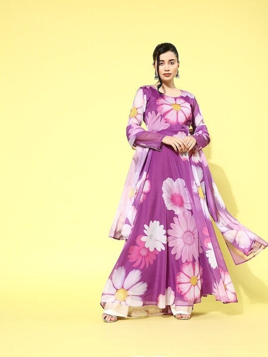 Floral Printed Organza Anarkali Kurta with Dupatta, Indo Western Ethnic Set for Women, Wedding Guest Outfit, Indian Gown Dress, Indian Suit VitansEthnics