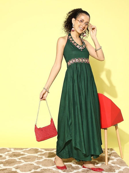 Green Embroidered Halter Neck Kurta With Palazzo For Women, Kurti Set For Women, Indian Suit Set, Indo Western Outfit, Fusion Indian Dress VitansEthnics