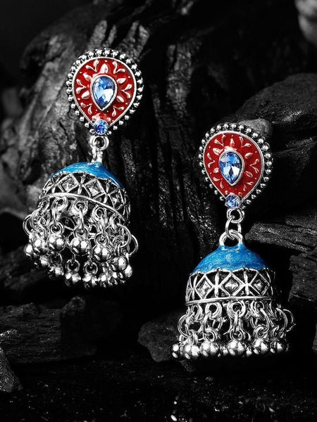 Oxidised Blue Enamelled Beaded Dome Shaped Jhumka Earrings