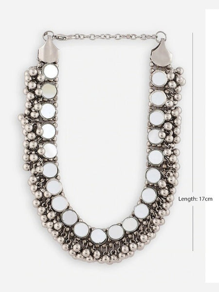 Oxidised Silver-Plated Choker, Mirror Work Choker Necklace