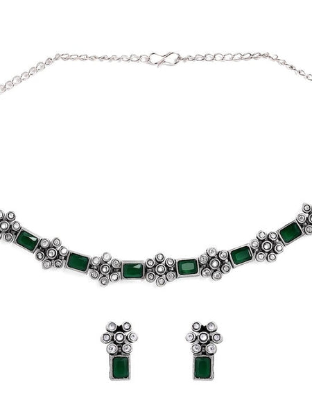 Oxidised Silver Plated Handcrafted Green Stone Floral Necklace Set