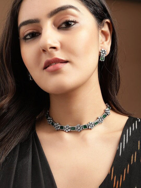 Oxidised Silver Plated Handcrafted Green Stone Floral Necklace Set