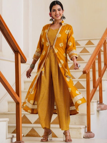 Women Elegant Mustard Printed Top with Palazzo And Jacket, Indo Western Ethnic Set for women, Crop top with palazzo and shrug, Fusion Outfit VitansEthnics