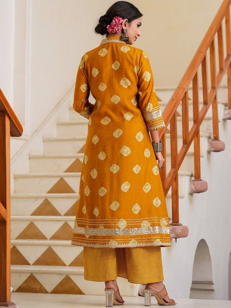 Women Elegant Mustard Printed Top with Palazzo And Jacket, Indo Western Ethnic Set for women, Crop top with palazzo and shrug, Fusion Outfit VitansEthnics