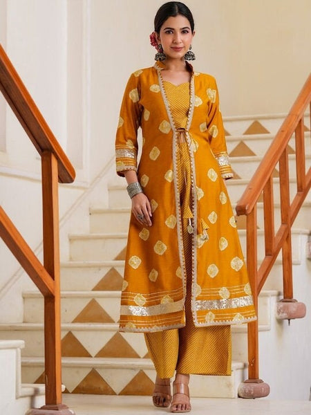 Women Elegant Mustard Printed Top with Palazzo And Jacket, Indo Western Ethnic Set for women, Crop top with palazzo and shrug, Fusion Outfit VitansEthnics