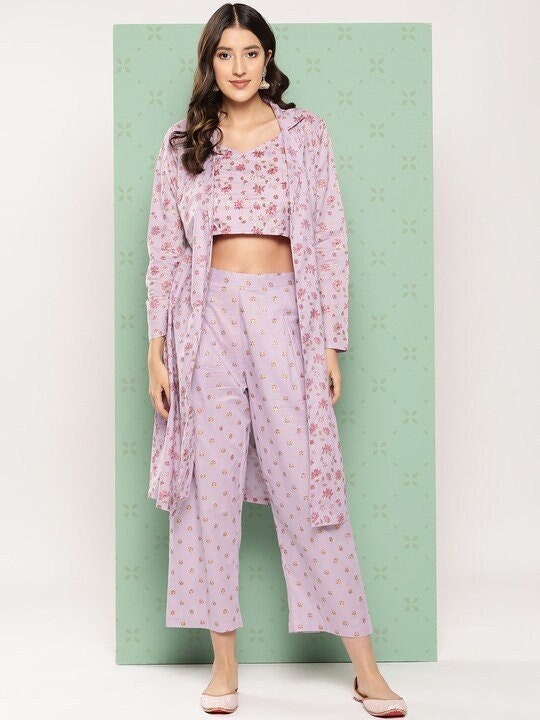 Women Elegant Printed Crop Top with Palazzo And Jacket, Indo Western Ethnic Set for women, Crop top with palazzo and shrug, Fusion Outfit VitansEthnics