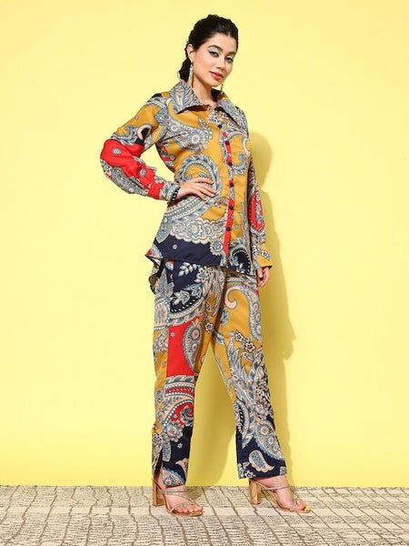 Red Paisley Printed Satin Shirt with Palazzos Pants Set, Indian Co ord Set, Indo Western Dress For Women, Indian Dress, Fusion Outfit VitansEthnics