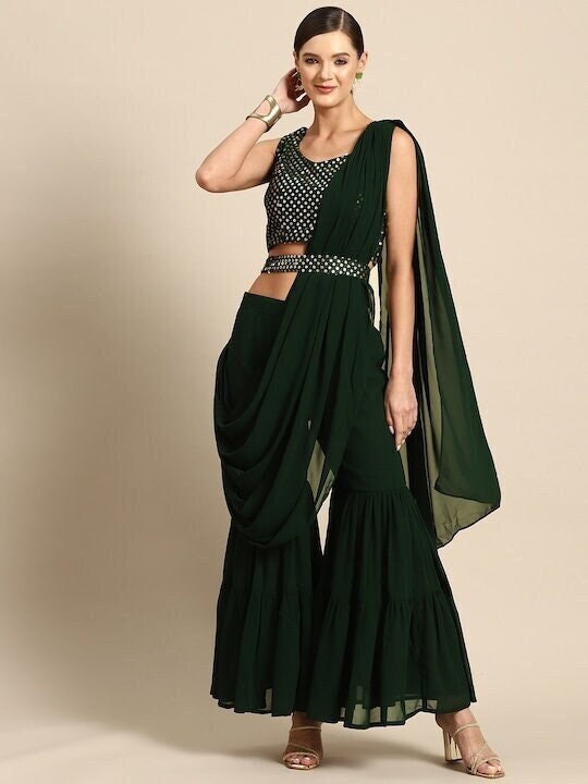 Women Embroidered Crop Top with Sharara & Dupatta, Ready to wear saree, Indo Western Dress, Pant saree set, Wedding Outfit, Indian suit set VitansEthnics