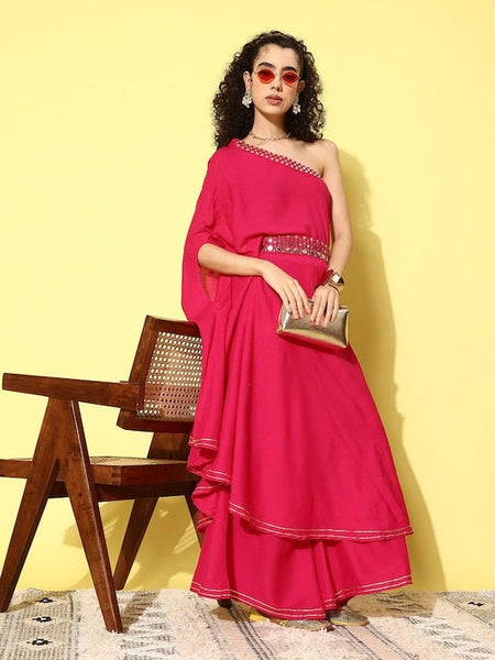 Mirror Work One Shoulder Kaftan Kurta With Palazzo For Women, Kurti Set For Women, Indian Suit Set, Indo Western Outfit, Fusion Indian Dress VitansEthnics